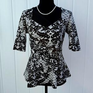 Anthropologie Postmark Black & White Coquette Lace Print Peplum Top Size S